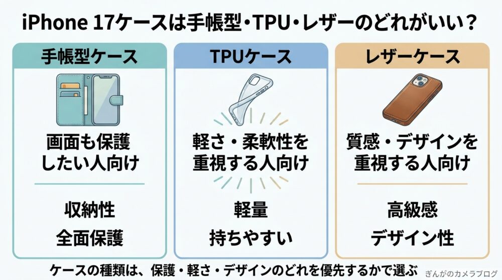 iPhone 17の手帳型・TPU・レザーケースの特徴比較