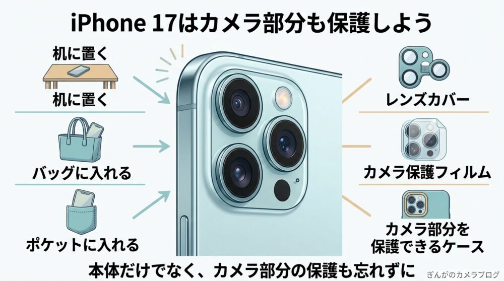 iPhone 17のカメラをレンズカバーやケースで保護する方法の図解