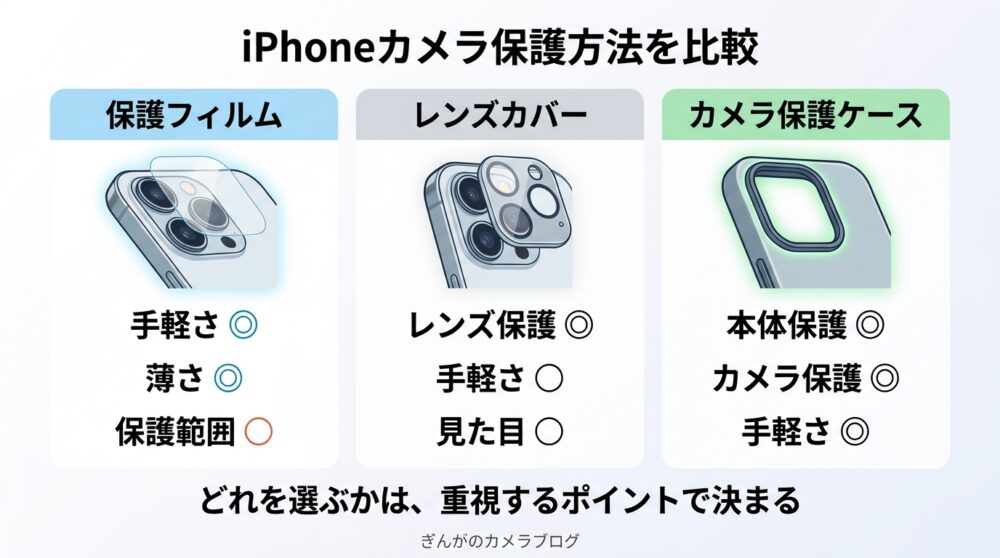 iPhoneカメラの保護フィルム・レンズカバー・保護ケースの比較図