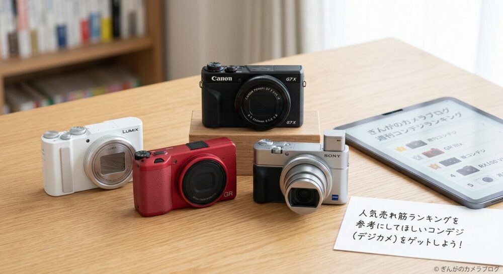 コンデジあ複数機種机に並んでいてランキング比較を行っている図。