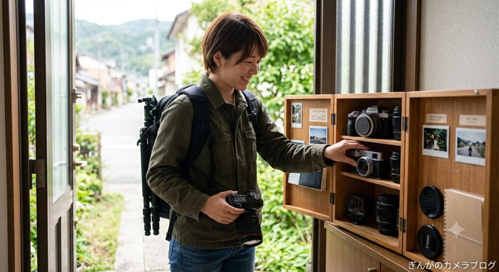 お気に入りのカメラを手に取り、リュックを背負って撮影に出かける準備をする人