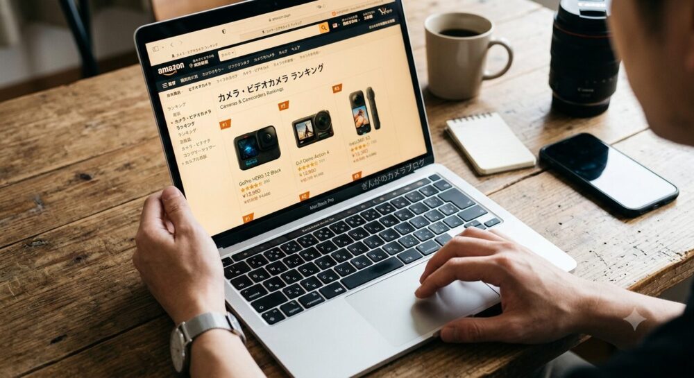 パソコンでECサイトのアクションカメラ人気売れ筋ランキングを確認する手元