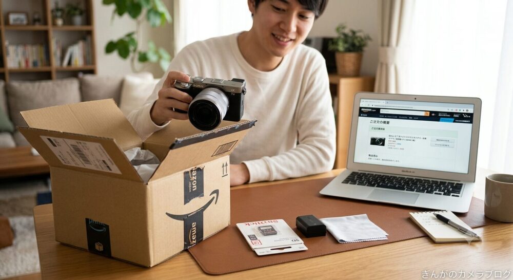 ECサイトで購入したアクションカメラを段ボール箱から開封する様子