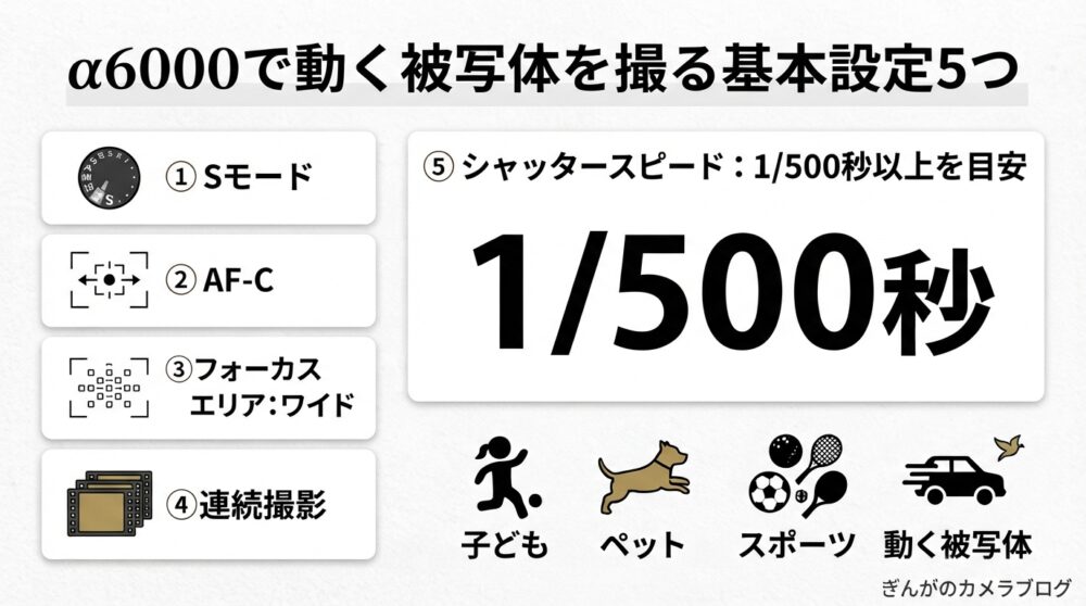 SONY α6000で動く被写体を撮影する基本設定5つの解説図