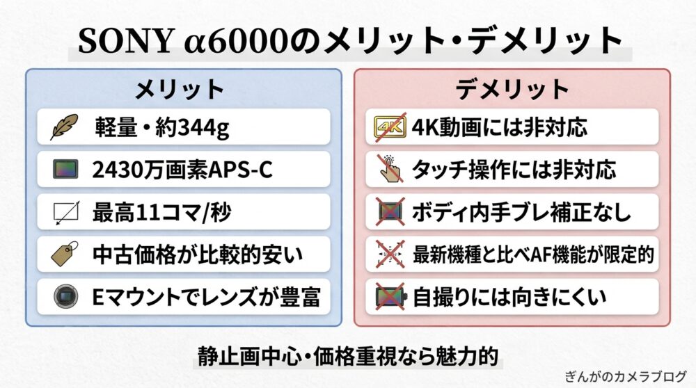 SONY α6000のメリットとデメリットを比較した図