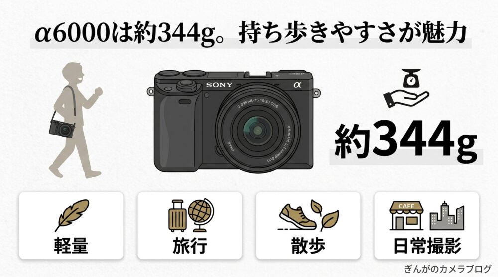 SONY α6000の約344gという軽量ボディを解説した図