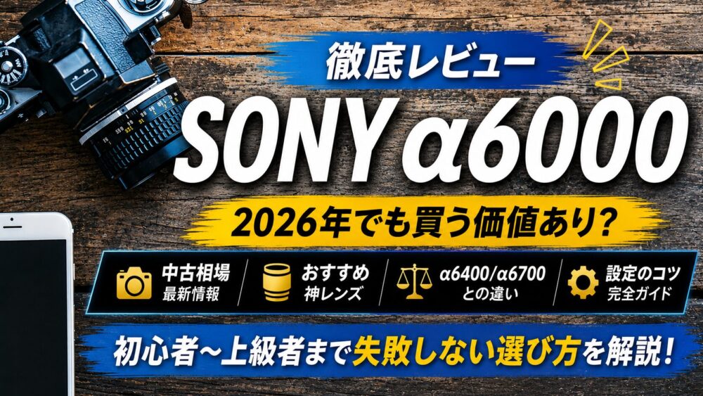 記事タイトル　SONY α6000レビュー｜2026年でも買う価値あり？中古相場・おすすめレンズ・α6400/α6700との違いを徹底解説