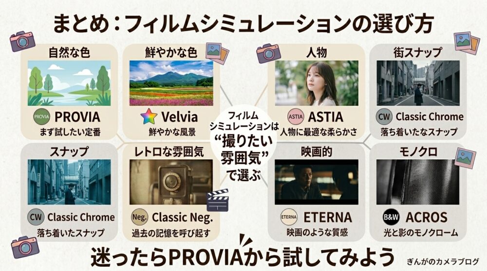 FUJIFILMフィルムシミュレーションの選び方まとめ|PROVIA・Velvia・ASTIA・ETERNA・ACROS
