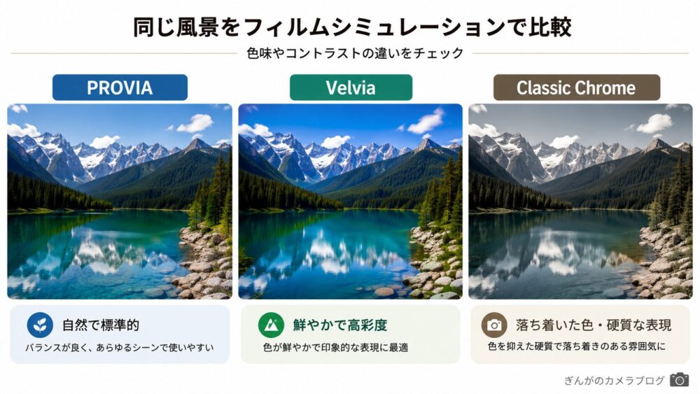同じ風景をPROVIA・Velvia・Classic Chromeで撮影したフィルムシミュレーション比較