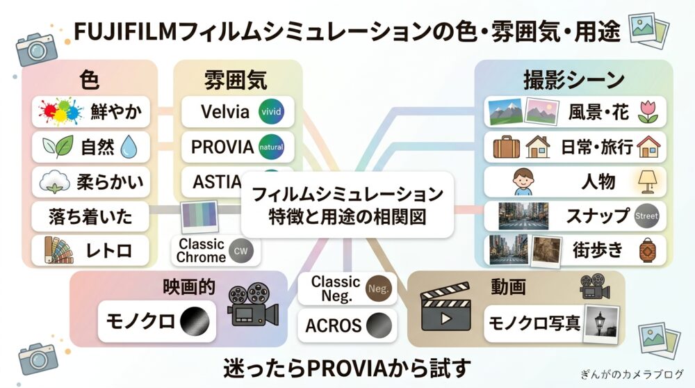 FUJIFILMフィルムシミュレーションの色・雰囲気・撮影用途を整理した相関図