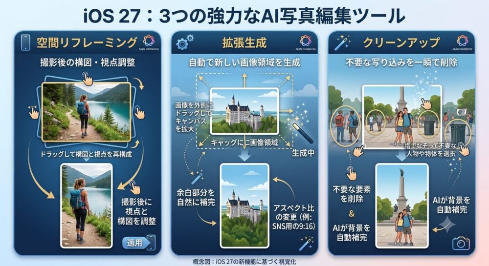 27の3つのAI写真編集機能(Spatial Reframing、Extend、Clean Up)の概念図