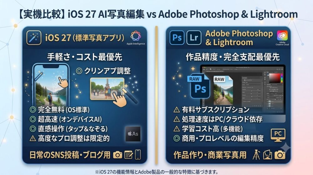 iOS 27(iPhone標準写真アプリ)とAdobe Photoshop・Lightroomの機能比較図。手軽さ、コスト、編集精度、対応用途の違いを日本語で整理した対比画像