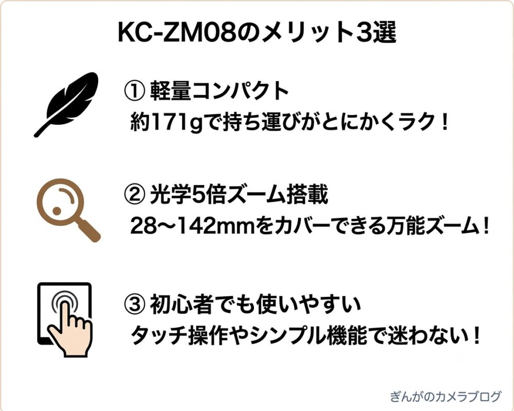 Kenko KC-ZM08のメリットを3つにまとめた図解。軽量設計、光学5倍ズーム、初心者でも扱いやすい操作性を紹介。