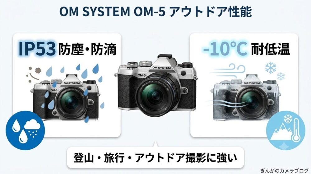 OM SYSTEM OM-5の防塵防滴・耐低温性能｜IP53と-10℃対応を図解