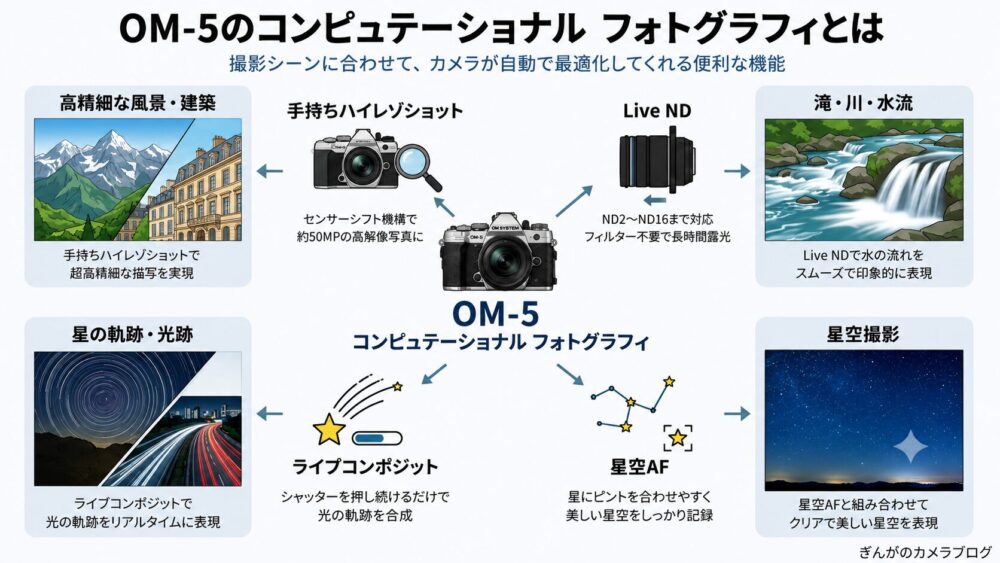 OM SYSTEM OM-5のコンピュテーショナル フォトグラフィとは｜4つの撮影機能を図解