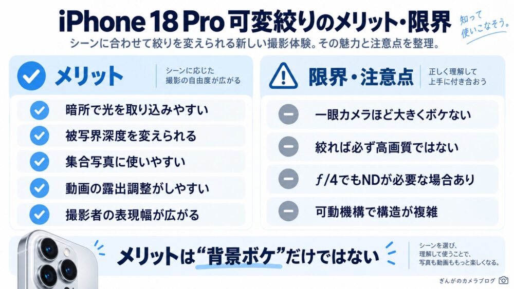 iPhone 18 Proの可変絞りのメリットとデメリット・限界をまとめた図解