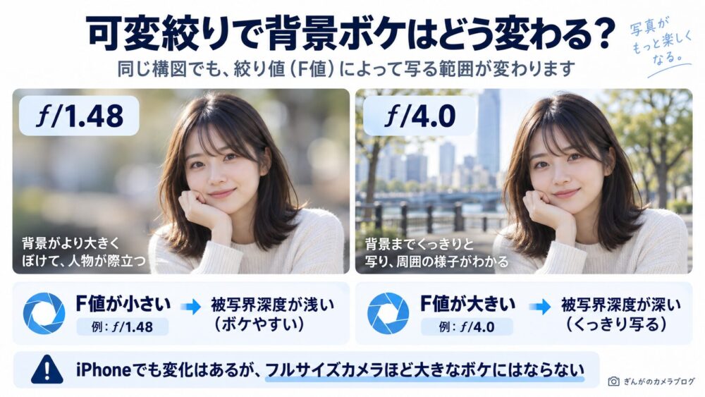 iPhone 18 Proのƒ/1.48とƒ/4.0で背景ボケと被写界深度の違いを比較した画像