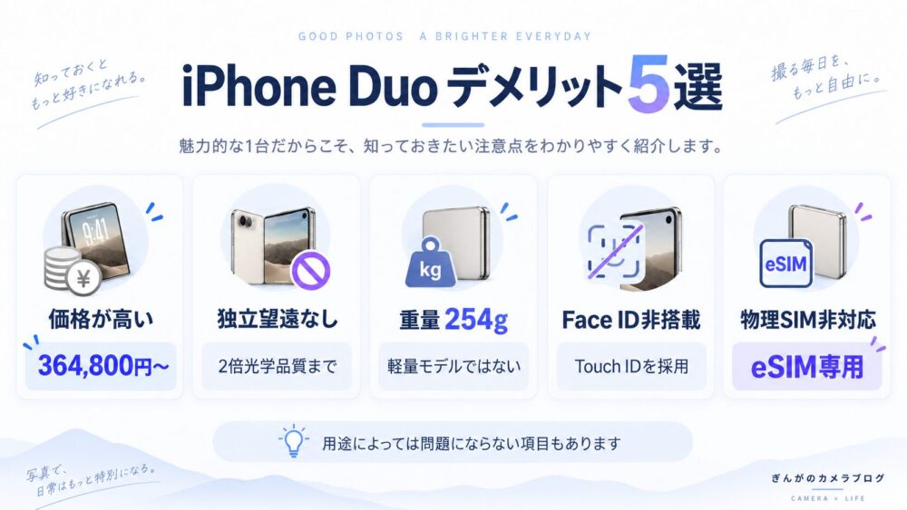 iPhone Duoの価格・望遠非搭載・重量254g・Touch ID・eSIM専用などデメリット5選