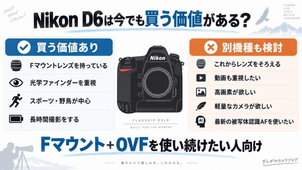 Nikon D6を今でも買う価値がある人と別機種を検討したい人の比較図