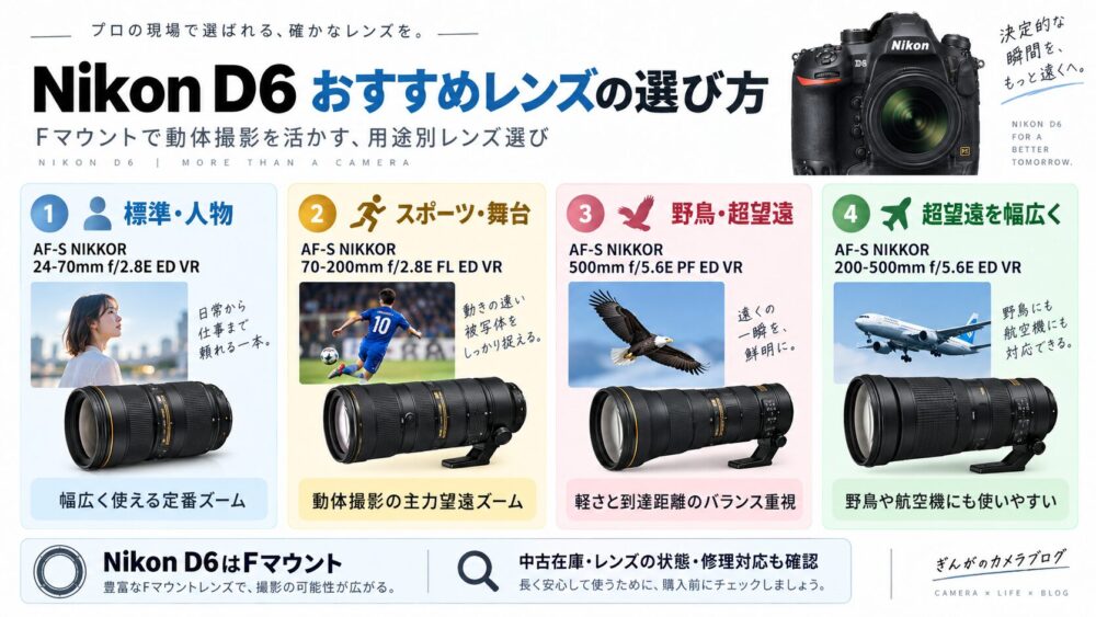 Nikon D6におすすめのFマウントレンズを標準や望遠など用途別に紹介した図