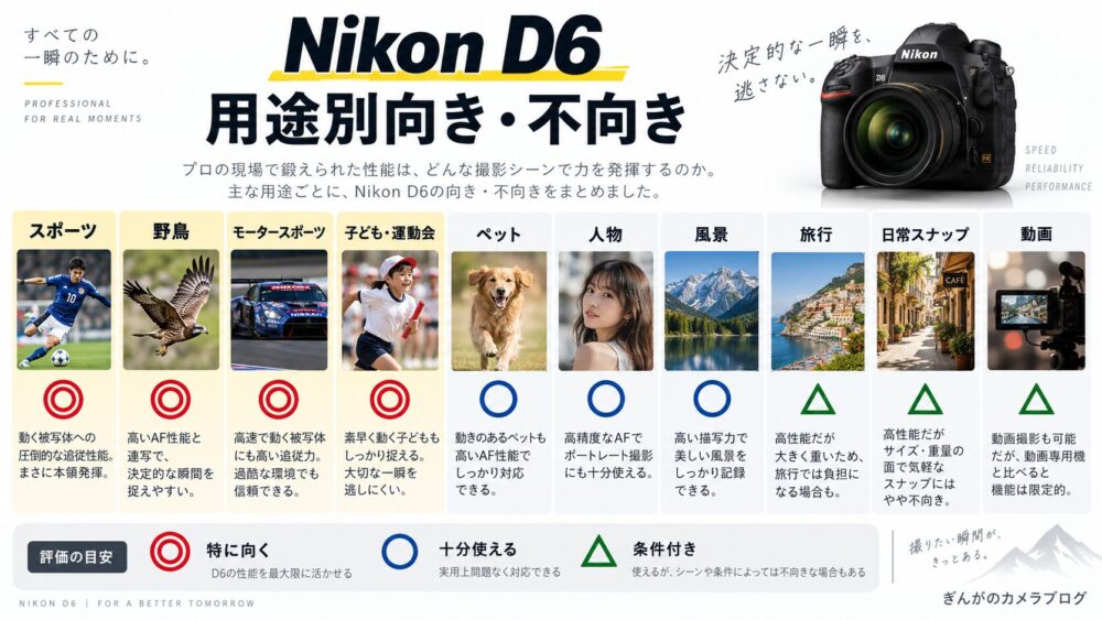 Nikon D6のスポーツや野鳥、旅行、動画など撮影用途別適性チャート
