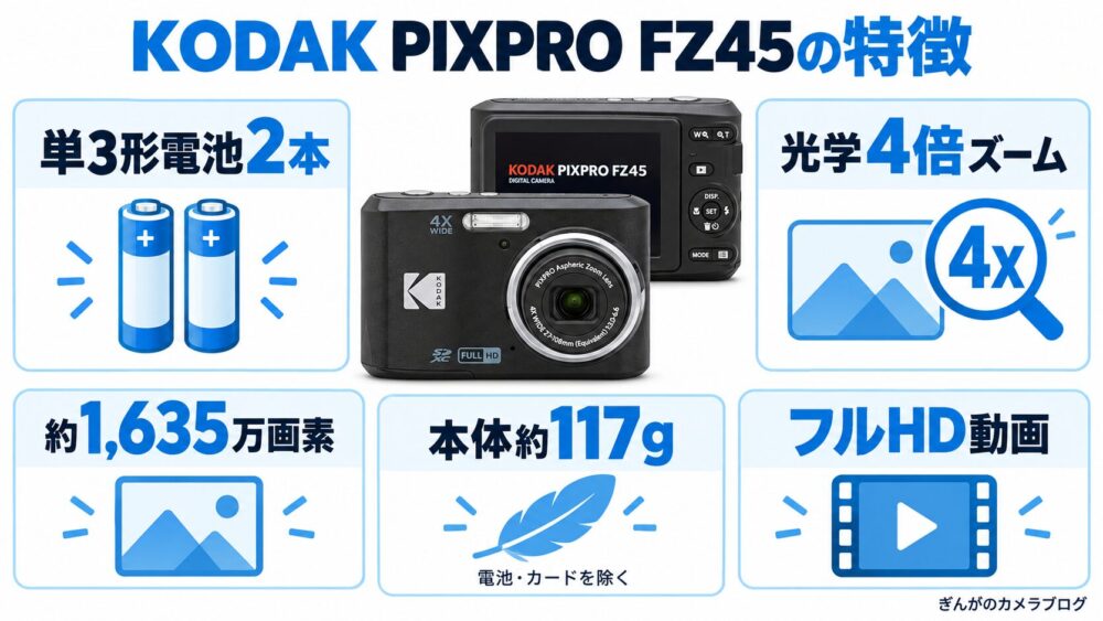 KODAK PIXPRO FZ45の特徴まとめ｜単3形電池2本・光学4倍ズーム・1635万画素・軽量117g